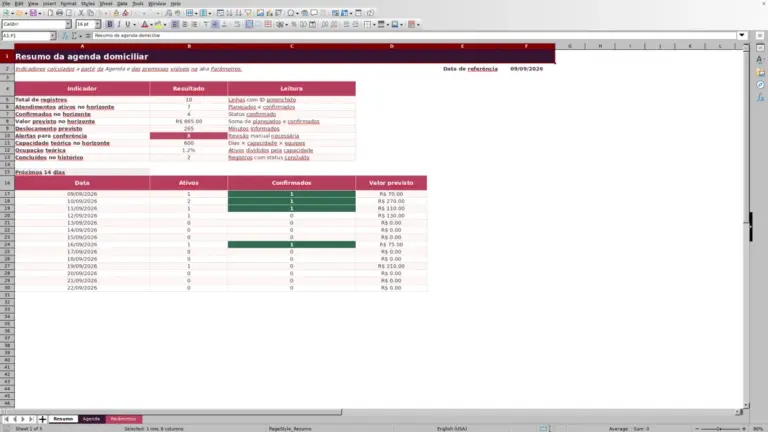 Prévia de Agenda de atendimento domiciliar de beleza no Excel
