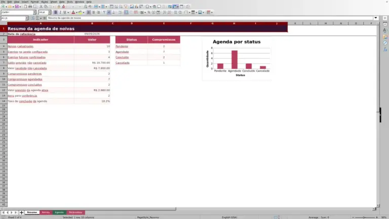 Prévia de Agenda de noivas para salão de beleza em Excel