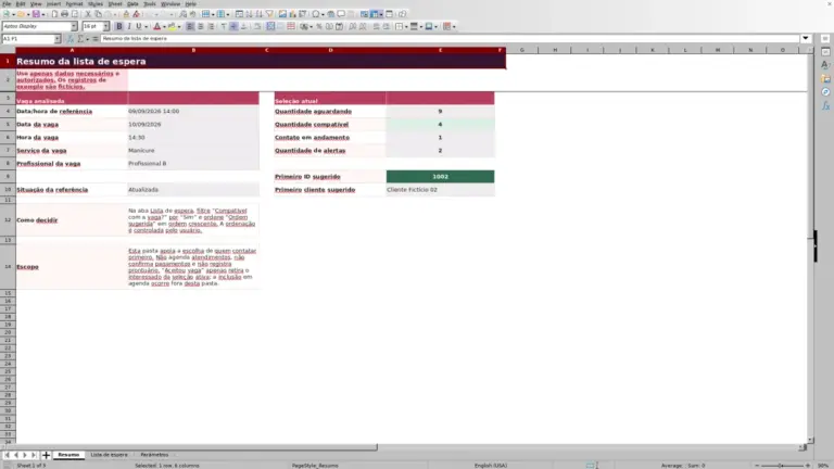 Prévia de Lista de espera de salão de beleza no Excel