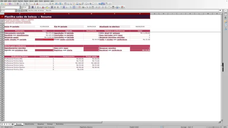 Prévia de Planilha de salão de beleza no Excel com painel de gestão